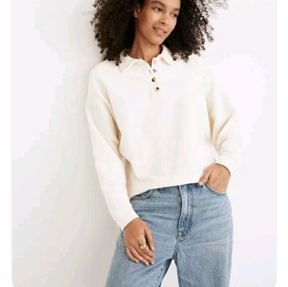 Madewell Ottoman Jacquard Quarter Button Cotton Polo Top Antique Cream Women's